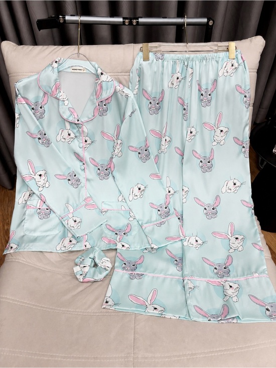 Other - Women’s Mint Bunny Print Satin Pajama Set - Long Sleeve & Pants